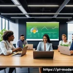 Home 22 지속 가능한 비즈니스 모델의 재투자 전략 - A modern Brazilian small business office environment, featuring a diverse team of professionals coll...