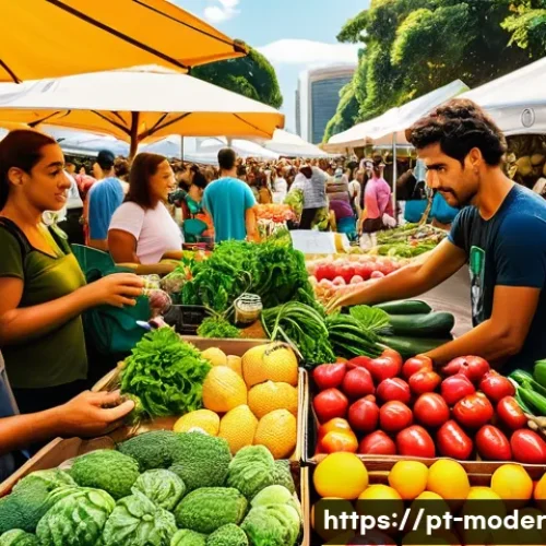 Home 33 지속가능한 소비에 대한 소비자 인식 변화 - A vibrant farmers' market scene in São Paulo, Brazil, bustling with diverse people selecting fresh, ...