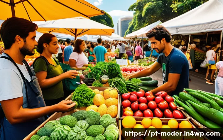 지속가능한 소비에 대한 소비자 인식 변화 - A vibrant farmers' market scene in São Paulo, Brazil, bustling with diverse people selecting fresh, ...