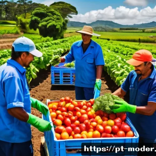 Home 32 지속 가능한 경영과 기업의 사회적 책임 - A vibrant, detailed scene of a Brazilian organic farm supply chain: local farmers harvesting fresh v...