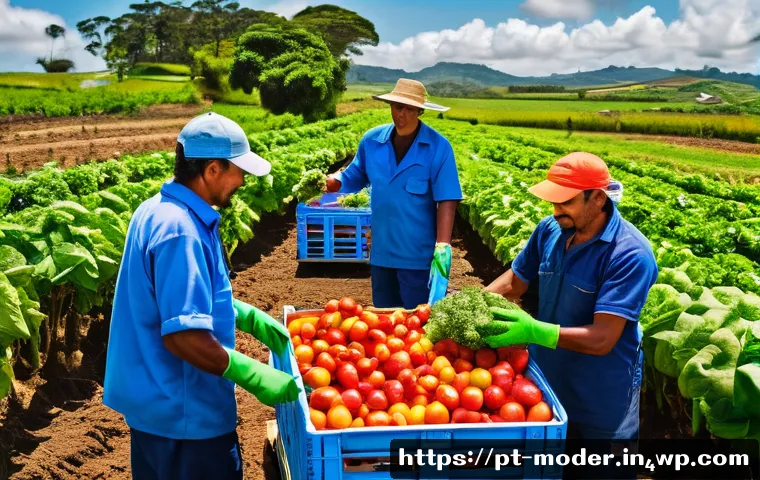 지속 가능한 경영과 기업의 사회적 책임 - A vibrant, detailed scene of a Brazilian organic farm supply chain: local farmers harvesting fresh v...