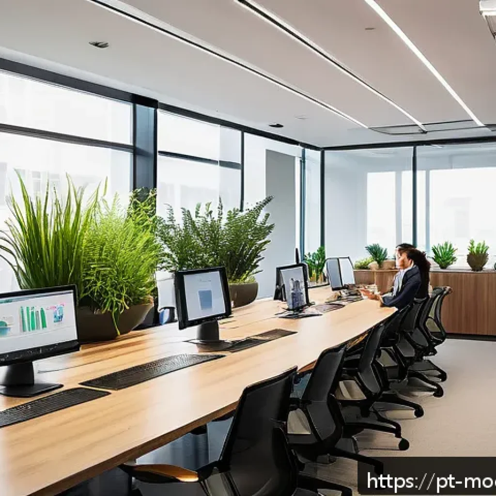 지속가능한 비즈니스 모델에 대한 학술적 논의 - A modern corporate office environment showcasing a diverse team of young professionals collaborating...