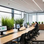 Home 19 지속가능한 비즈니스 모델에 대한 학술적 논의 - A modern corporate office environment showcasing a diverse team of young professionals collaborating...