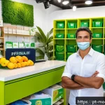 Home 18 지속가능성 관련 법률과 비즈니스 모델 - A vibrant Brazilian small business owner in a modern eco-friendly store, surrounded by sustainable p...