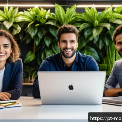 Home 17 소셜 미디어의 영향과 지속 가능한 비즈니스 모델 - A vibrant digital marketing team in a modern Brazilian office, collaborating on sustainability campa...