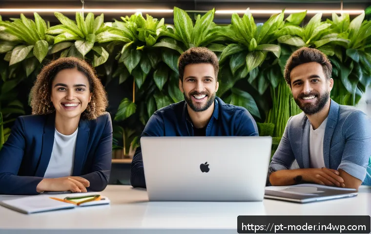 소셜 미디어의 영향과 지속 가능한 비즈니스 모델 - A vibrant digital marketing team in a modern Brazilian office, collaborating on sustainability campa...